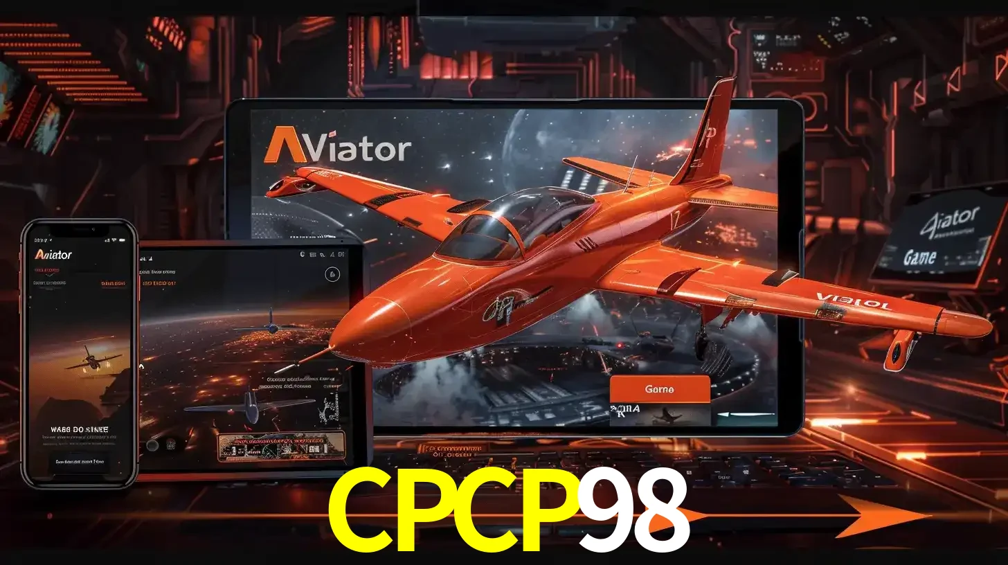 Apresentação tecnológica do jogo Aviator com um avião saindo da tela de um tablet, demonstrando a experiência imersiva em múltiplos dispositivos no CPCP98.