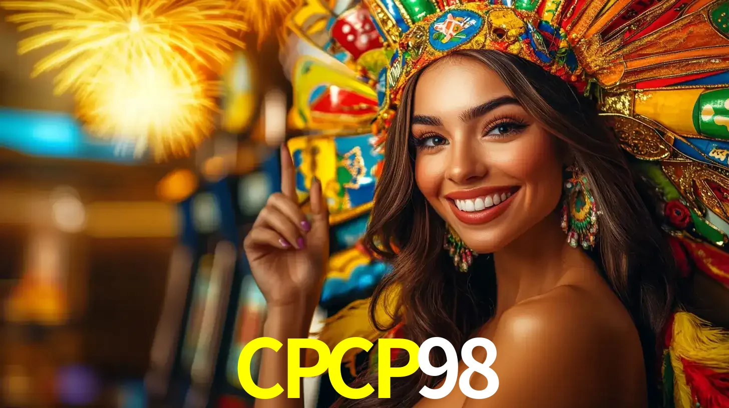Mulher sorridente com um cocar de carnaval vibrante e colorido, celebrando uma grande vitória nos jogos do cassino CPCP98 com fogos de artifício ao fundo.