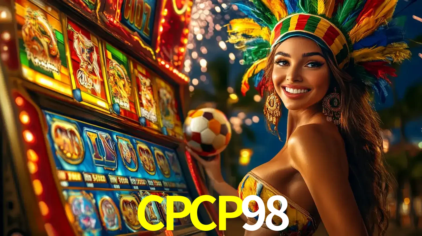 Mulher com um cocar de carnaval ao lado de uma máquina de caça-níqueis enquanto segura uma bola de futebol, mostrando a união da diversão de cassino e esportes no CPCP98.