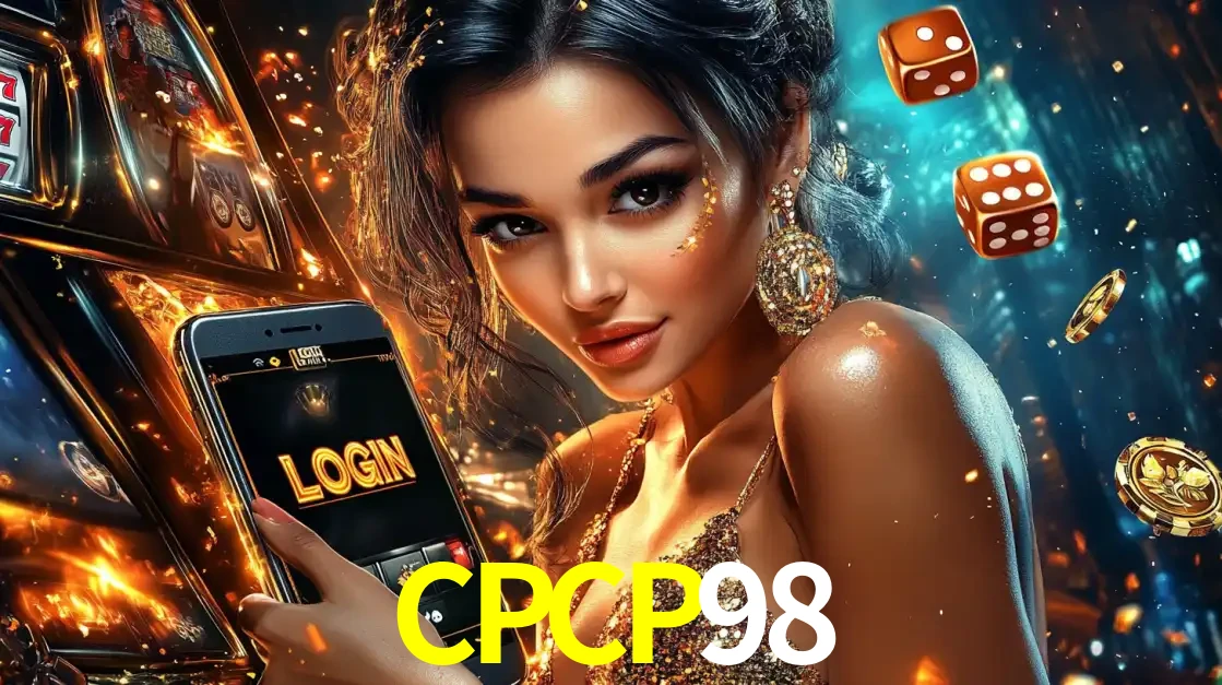 Mulher glamourosa segurando um celular com a tela de login do cassino CPCP98, rodeada por dados e moedas douradas, pronta para começar a diversão.