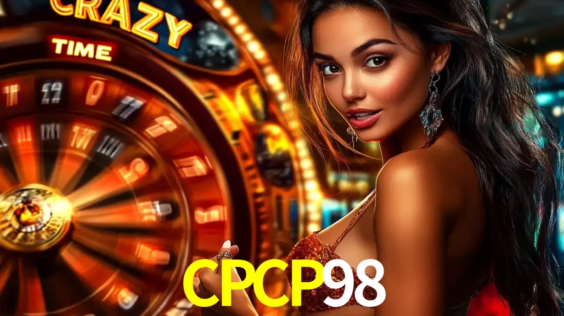 Mulher ao lado da roda de prêmios do jogo de cassino ao vivo Crazy Time, um dos shows de jogos mais emocionantes oferecidos pela plataforma de apostas CPCP98.