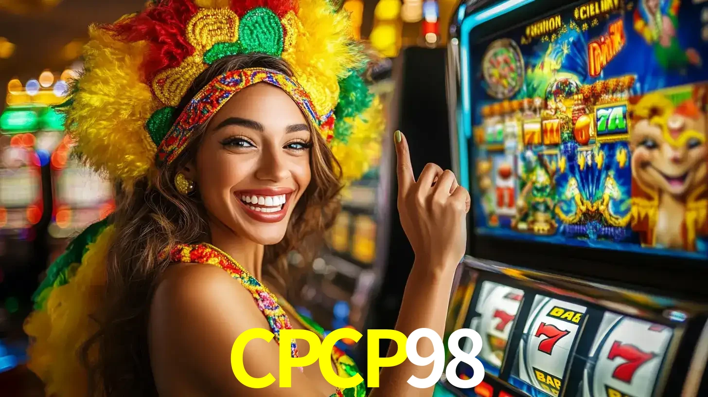 Mulher animada com um cocar de carnaval apontando para uma máquina de caça-níqueis, mostrando a emoção de ganhar um grande prêmio nos jogos do CPCP98.