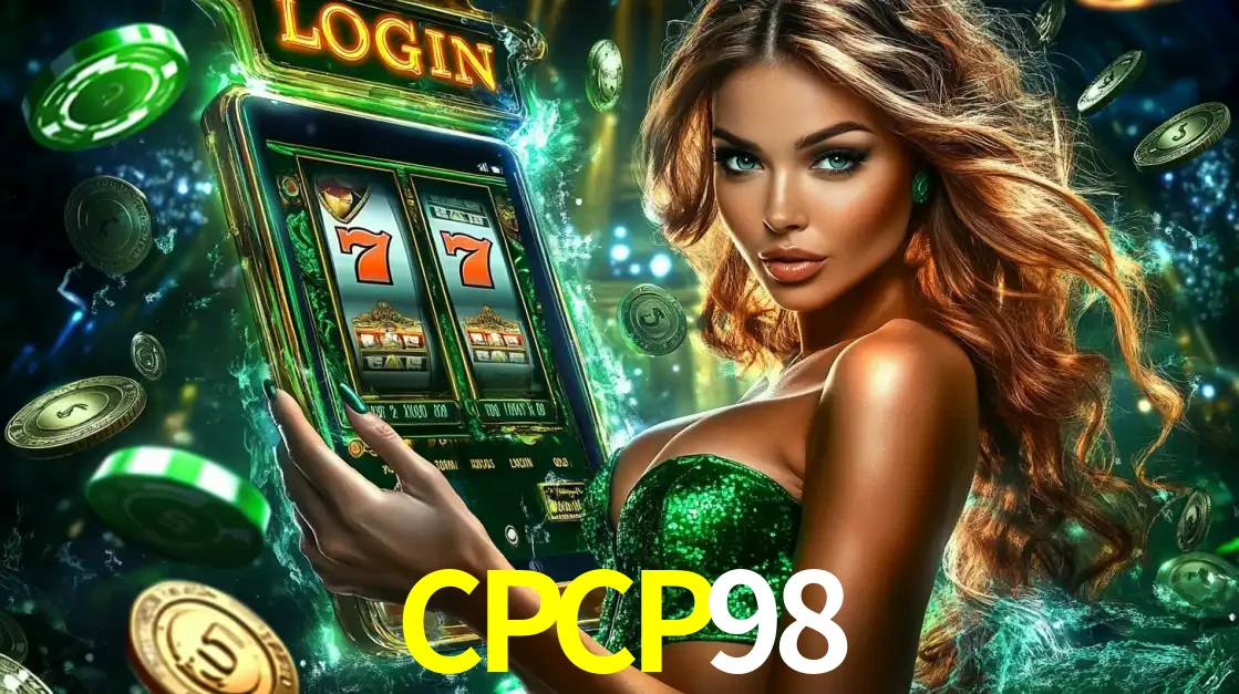 Mulher com tema verde apresentando o aplicativo do cassino CPCP98 com um jogo de slot de 777, cercada por fichas de cassino e uma aura de sorte.