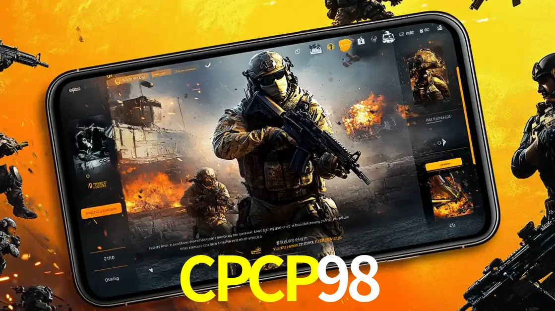 Um smartphone exibindo a interface de um jogo de tiro em primeira pessoa, com um soldado em um cenário de batalha, representando a ação dos e-sports para apostar no CPCP98.