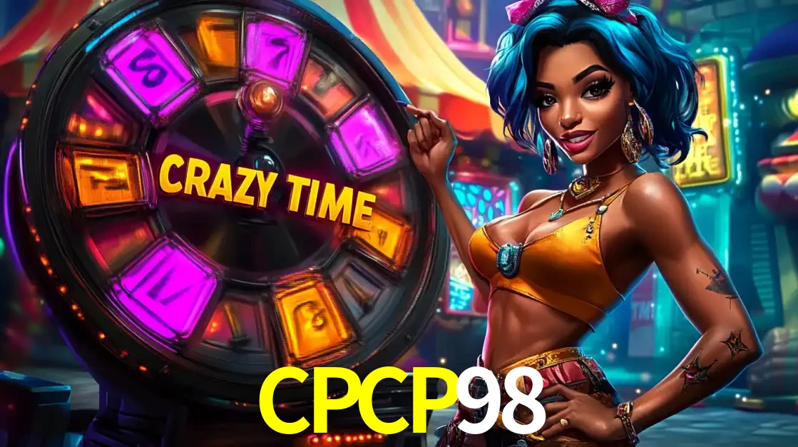 Mulher estilizada com cabelo azul e visual vibrante posando ao lado da roda de prêmios do game show Crazy Time, convidando para a diversão e os bônus do cassino CPCP98.