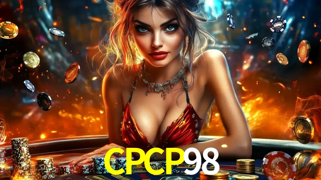 Mulher em uma mesa de cassino com pilhas de fichas e um fundo de fogo, pronta para uma rodada de altas apostas nos jogos de mesa emocionantes do cassino CPCP98.