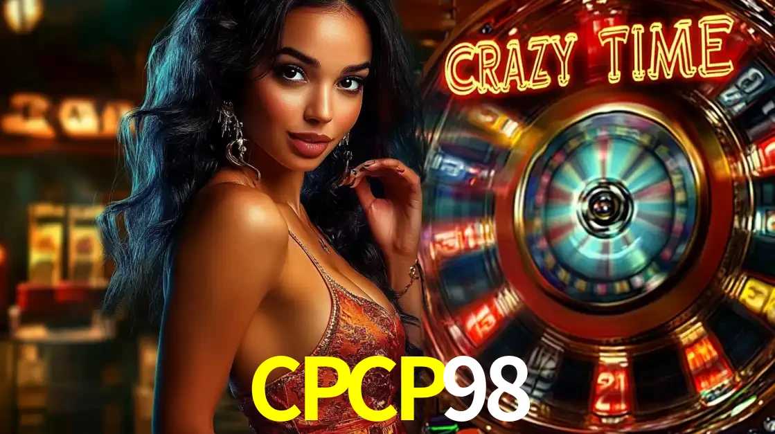 Mulher elegante ao lado da vibrante roda da fortuna do jogo de cassino ao vivo Crazy Time, um dos game shows mais populares e cheios de prêmios do CPCP98.