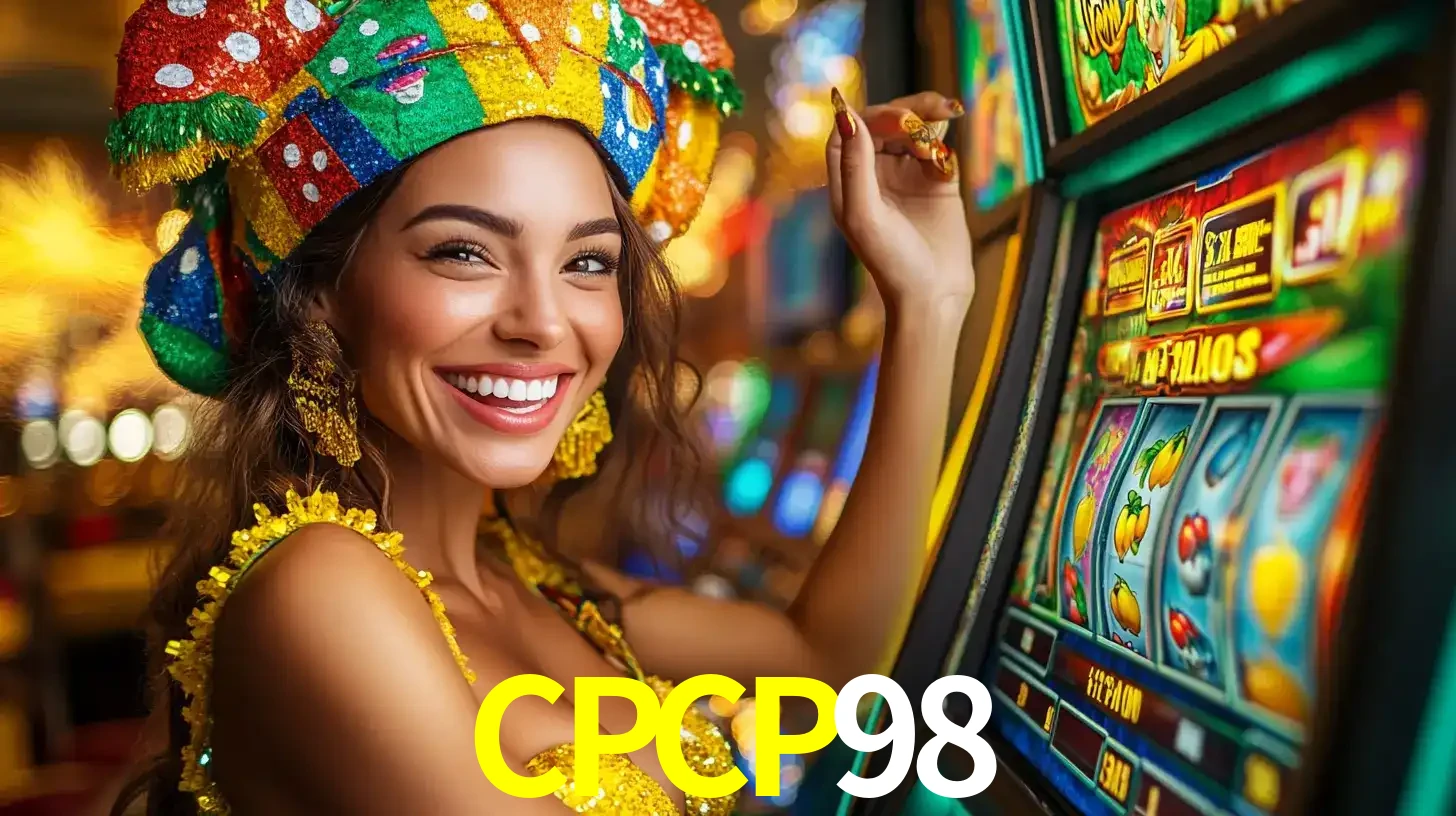 Mulher feliz com traje de carnaval amarelo e colorido ao lado de uma máquina de caça-níqueis, aproveitando a diversão e os jogos temáticos do cassino CPCP98.