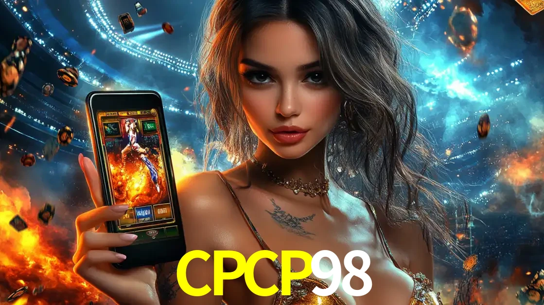 Mulher segurando um celular com um jogo de slot em destaque, tendo como fundo um estádio vibrante, simbolizando a emoção de jogar no cassino móvel CPCP98.