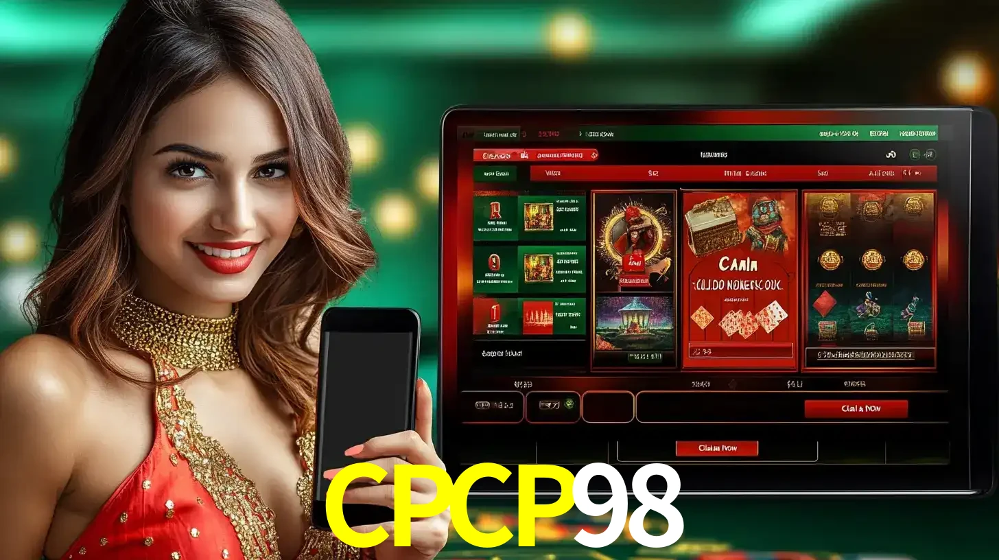 Mulher sorridente segurando um smartphone, ao lado de uma tela exibindo o lobby de jogos do cassino online CPCP98, com várias opções de jogos de cartas e slots.